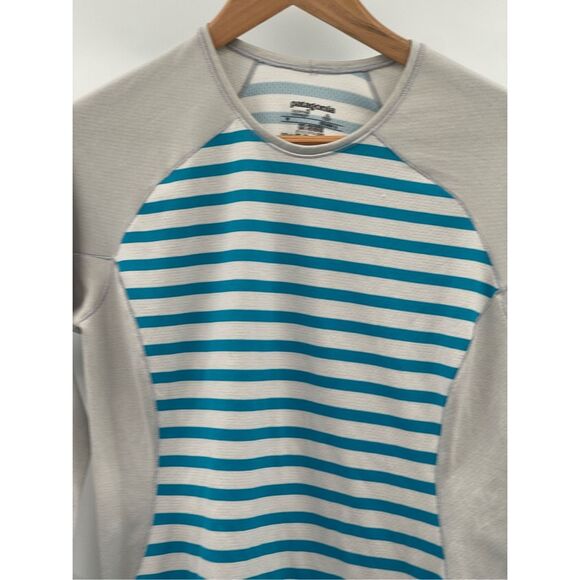 Patagonia Shirt Capilene 3 Midweight Baselayer Women Medium Aqua Blue Stripe - Picture 8 of 10